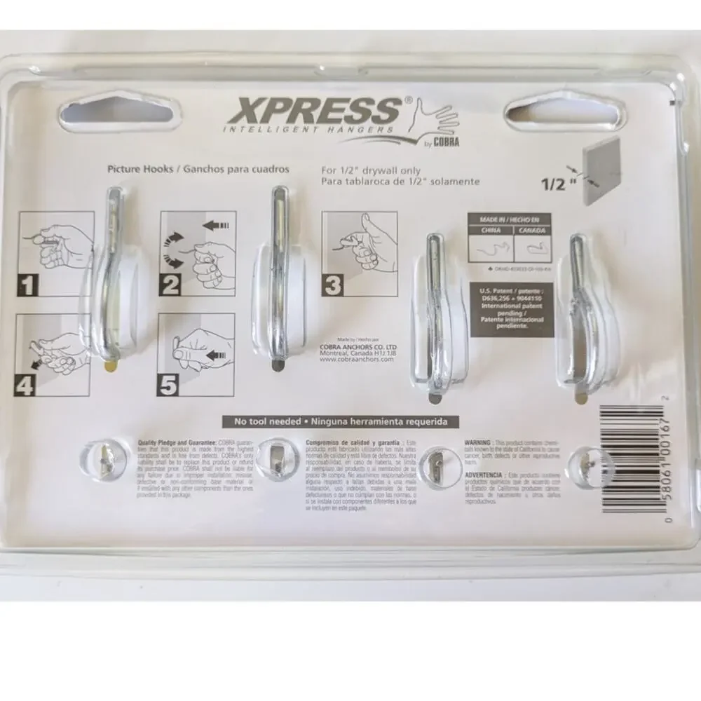 Cobra Xpress Intelligent Hangers Picture Hooks Reusable Pack of 4 #43330 NEW